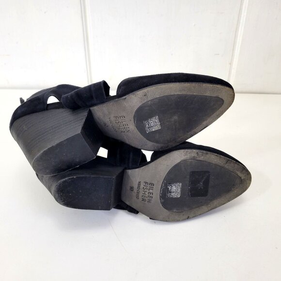 Eileen Fisher Black Suede Pointed Toe Ankle Heels With Bow Strap & Zipper Closur - Picture 7 of 8